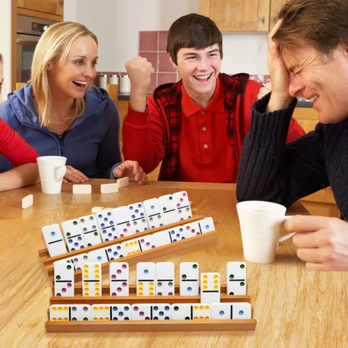 Miniatura 7 de Exqline Bandejas de dominó de madera (juego de 4) – Soporte de azulejos de dominó premium para juegos de dominó de tren mexicano – Dominó no incluido