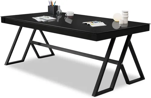 Miniatura 8 de Mesa de centro para sala de estar de 46 pulgadas, mesa de té de vidrio templado, mesa de cóctel, mesa de centro de patas triangulares de metal, mesa