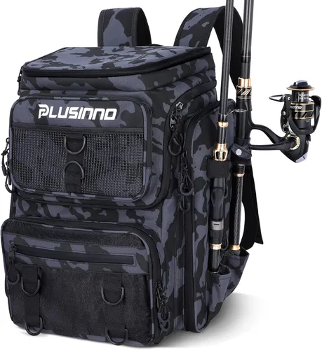 PLUSINNO Mochila de aparejos de pesca con soportes para cañas, 42L resistente al agua bolsa de pesca tienda equipo de pesca, regalos de pescador