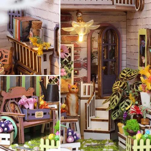 Miniatura 6 de TuKIIE Kit de bricolaje en miniatura para rincón de libro, estantería de casa de muñecas con sensor de luz y a prueba de polvo, soporte decorativo