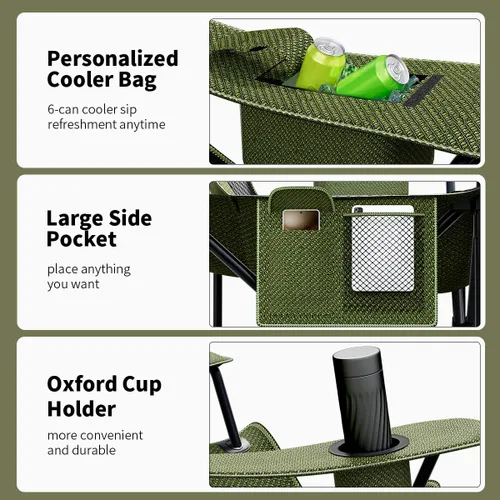 Miniatura 4 de Silla plegable resistente de capacidad de 500 libras, sillas de campamento de gran tamaño con soporte para tazas, bolsa enfriadora y bolsa