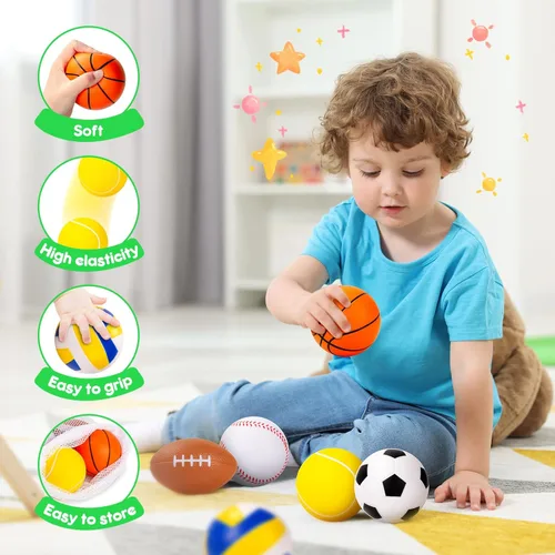 Miniatura 4 de PlayZap Paquete de 6 pelotas para niños pequeños, juego de pelotas suaves de espuma, 3.5 pulgadas, pequeñas, fútbol, baloncesto, béisbol, fútbol 3.5