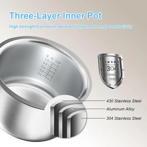 Miniatura 5 de olla de arroz de 5 tazas (2.5L) con bajo contenido de azúcar, con olla interior de acero inoxidable 304, saludable para hogares de 2-3 personas