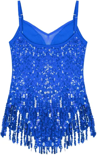 Miniatura 5 de Xnihocha Vestido de baile latino con borlas y lentejuelas brillantes para niñas y niñas, falda tutú, leotardo, moderno, disfraz de salón de jazz