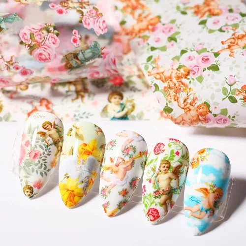 Miniatura 5 de 10 hojas de transferencia de lámina de uñas, diseño de flor de Cupido en ángulo, calcomanías de uñas, calcomanías de arte de uñas, tiras