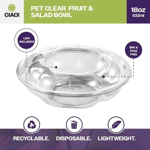 Miniatura 2 de CIAO! Tazón de fruta y ensalada PET transparente de 18 oz con tapa de cúpula rosa (150/caja)