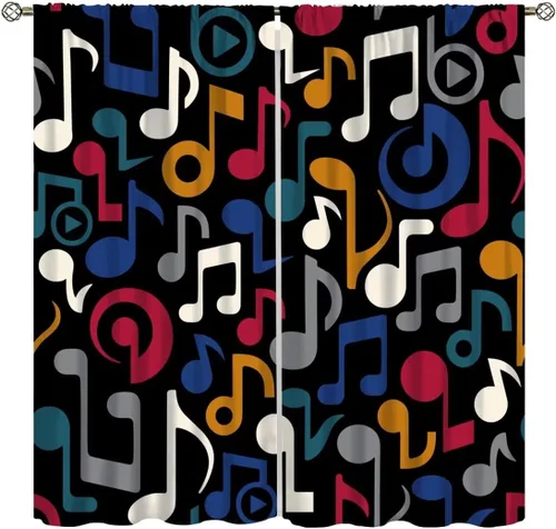 Cortinas musicales coloridas, patrón de notas de ecualizador de música, tela de poliéster, tratamientos de ventana para dormitorio, sala de estar,