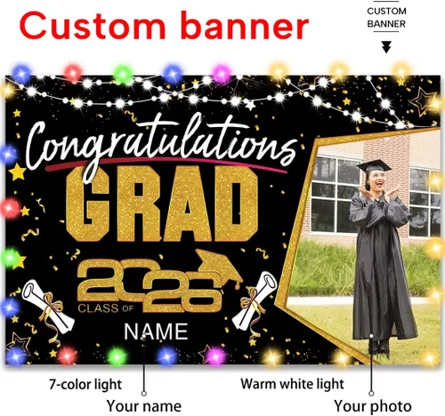 Decoraciones personalizadas para fiestas de graduación 2026 – Cartel de felicitación de graduación grande – Cartel de fondo de graduación (negro y