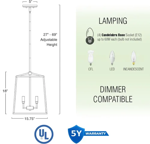 Miniatura 4 de Kira Home Bellevue - Lámpara colgante moderna de 18 pulgadas, 4 luces, lámpara de vestíbulo ajustable, detalles de latón cálido + acabado negro