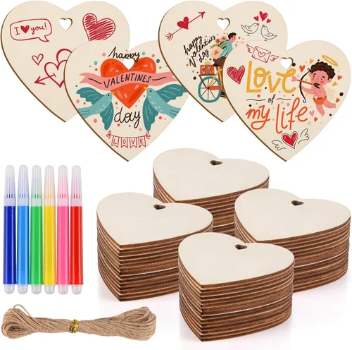 60 piezas de corazón de madera natural de 3 pulgadas para manualidades, rebanada de madera sin terminar, adornos de corazón de madera preperforados