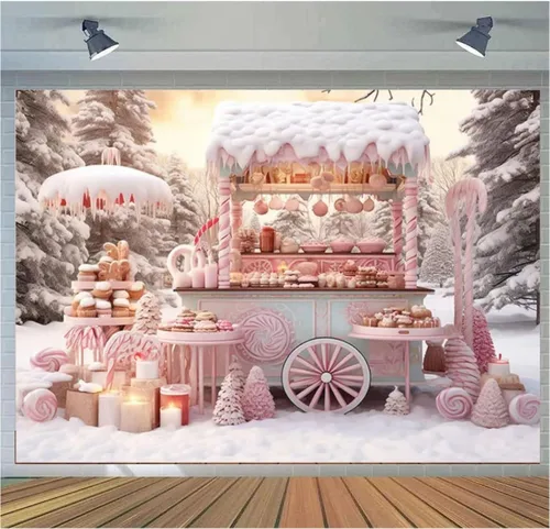 Fondo fotográfico de Navidad rosa de 7 x 5 pies, tienda de golosinas de nieve de invierno, árbol de pino, niña, fiesta familiar, decoración de