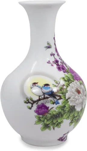 Miniatura 3 de Dahlia Famille - Florero de rosa, hecho a mano, porcelana china, pájaros en peonía, forma de botella china de 8.5 pulgadas