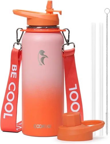 Miniatura 9 de Botella de agua Coolflask de 40 onzas con correa, botella de agua metálica aislada con popote y tapas con pico, acero inoxidable de doble pared al