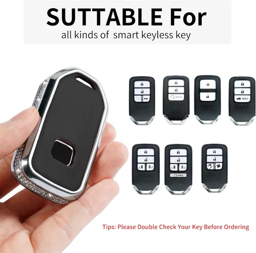 Miniatura 2 de Compatible con funda para llavero Honda con llavero, funda de repuesto para llavero de automóvil con diamantes de imitación, carcasa negra