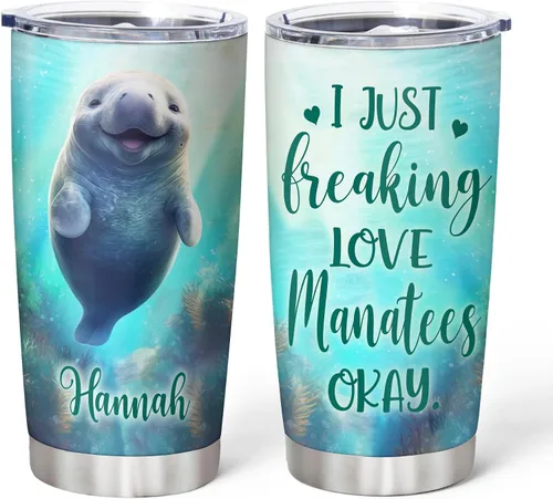 Miniatura 10 de Hyturtle Regalos personalizados para amantes de los manatíes, vaso de acero inoxidable con nombre personalizado de 20 onzas con tapa, idea de lindos