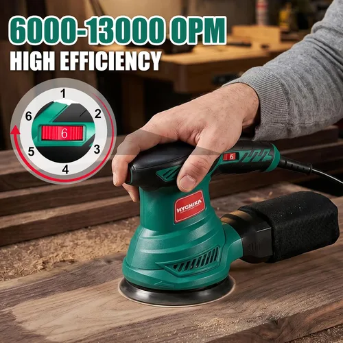 Miniatura 2 de HYCHIKA - Lijadora orbital aleatoria de 5 pulgadas, lijadora orbital eléctrica de 13000 RPM con 6 velocidades diferentes, lijadora de palma con 12