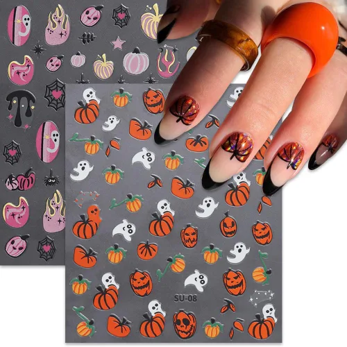 Miniatura 3 de 8 hojas de calcomanías de uñas de Halloween con diseños de fantasmas lindos, calabaza, araña, telaraña, sangre, llama 3D, autoadhesivas, Otoño
