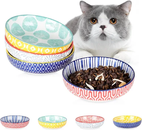 Selamica Juego de 4 cuencos de cerámica para gatos de 5.6 pulgadas de ancho, platos poco profundos para comida y agua, varios colores Colores