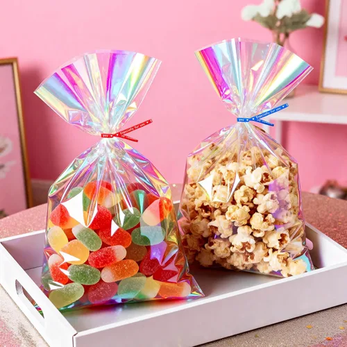 Miniatura 2 de Bolsas de celofán iridiscentes de 5 x 7 pulgadas con lazos giratorios, bolsas de golosinas para galletas, chocolates y palomitas de maíz