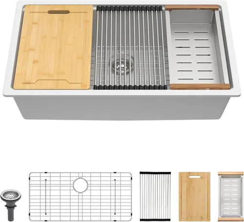 Miniatura 12 de Lordear Fregadero de Bar Empotrado de Granito Compuesto de 18 Pulgadas 18"x18" Fregaderos de Cocina de Cuarzo Compuesto Negro de Un Solo Tazón Bajo