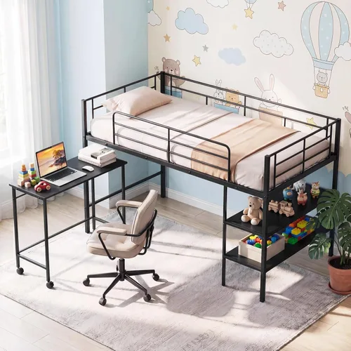 Giantex Cama baja tipo loft con escritorio y estantería, base de cama de plataforma de tamaño individual con listones de metal resistentes,