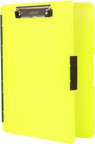 Dexas Slimcase 2 - Portapapeles de plástico con almacenamiento y apertura lateral, color amarillo neón, suministros de oficina para organizar,