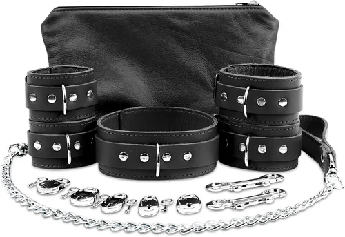 VP Leather Wrist and Ankle Cuffs - 7-Piece Set - Premium Latigo Leather & Soft Lambskin - Couple Sex Toys - BDSM Restraint