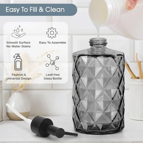 Miniatura 3 de Topsky Paquete de 2 dispensadores de jabón de vidrio con bomba de plástico negro, dispensador de jabón líquido de manos de 11.2 fl oz, bomba a