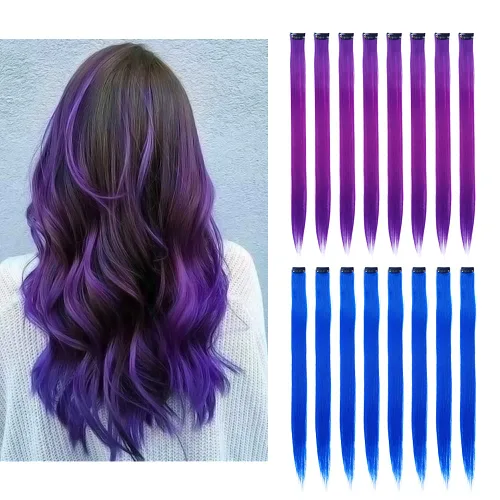 Miniatura 10 de 16 piezas de extensiones de cabello con clip de color púrpura, varios colores, para fiestas, clip en postizo sintético, para Halloween, cosplay