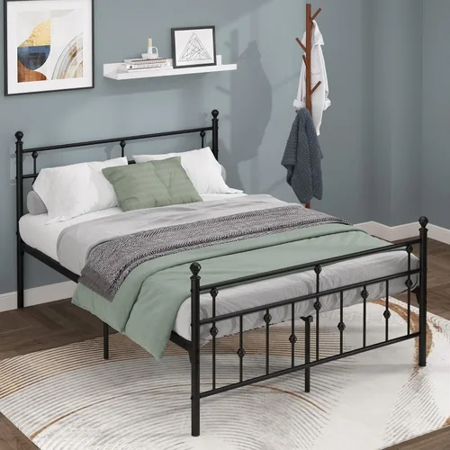 Miniatura 8 de Weehom Base de cama de tamaño matrimonial con cabecero y estribo, plataforma de metal, marco de cama debajo de la cama, diseño moderno para niños