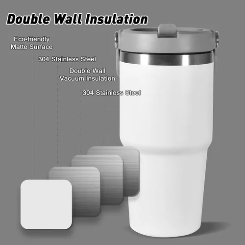 Miniatura 5 de Vaso de 20 onzas con asa, vaso aislado con tapa y popote abatible a prueba de fugas, de acero inoxidable de doble pared, taza de café de viaje