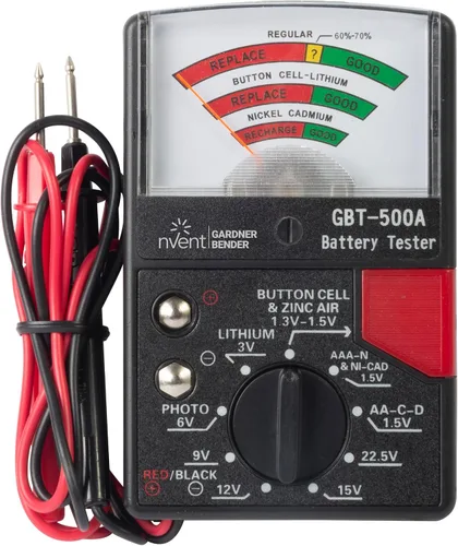Gardner Bender GBT-500A Probador de Baterías Analógico 1.5 V Celda de Botón/22.5 Foto/AA/AAA/12 V/9 V/Celdas de Linterna y Más, con Cables, Rango de