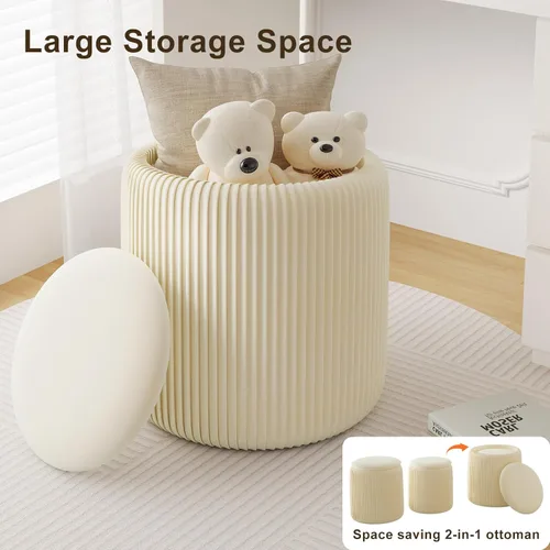 Miniatura 4 de Juego de 2 otomanas beige con almacenamiento, taburete de tocador tapizado de terciopelo, cómodos taburetes redondos de maquillaje, reposapiés