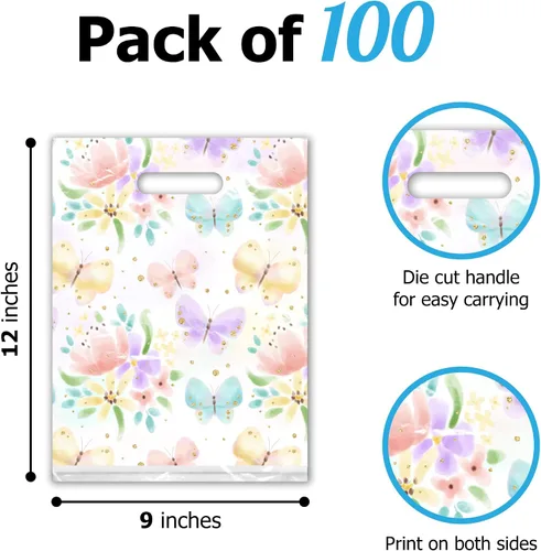 Miniatura 3 de Pro Supply Global Bolsas de Mercancía de Boutique Minorista con Diseño de Mariposas Florales de 9x12, 100 Unidades, con Asas Troqueladas, Bolsas