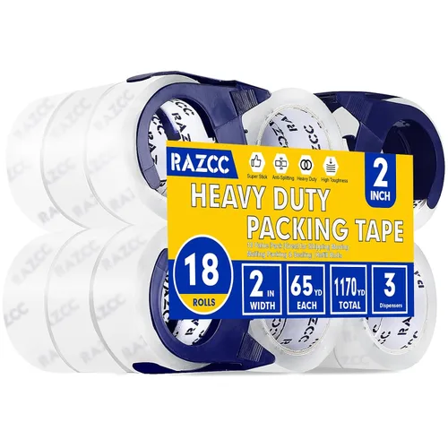 Miniatura 10 de RAZCC Cinta de embalaje, 12 rollos de cinta de embalaje transparente resistente con dispensadores para embalaje, envío, mudanza y correo, cinta