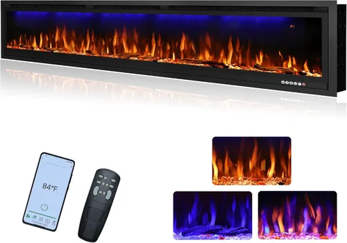 Chimenea eléctrica habilitada para WiFi de 60 pulgadas, control inteligente de aplicación, calentador de chimenea lineal empotrado y montado en la