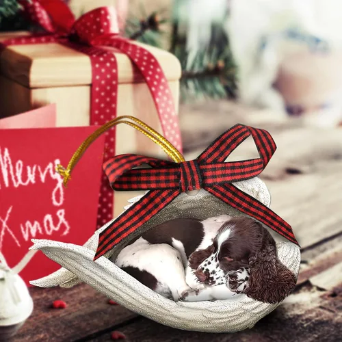 Miniatura 2 de Talataca English Springer Spaniel - Adorno de Navidad plano 2D de madera, Springer Inglés Dormir Ángel Dormir Decoración de árbol de pino, colgante