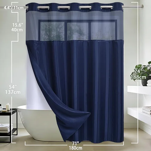 Miniatura 7 de Conbo Mio Cortina de ducha sin ganchos de tela de gofre con forro extraíble, lujosa para hotel, azul oscuro, para baño con ventana transparente