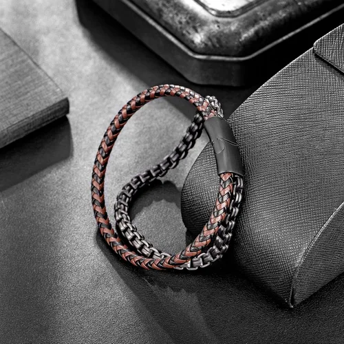 Miniatura 4 de murtoo Pulsera de cuero y acero, cadena de acero inoxidable y pulseras de cuero para hombre, Sin gemas.