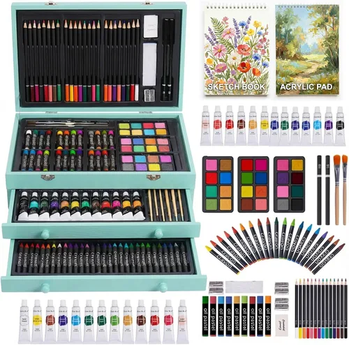 Juego de arte de lujo de 175 piezas en madera, kit de dibujo y pintura con 2 blocs de dibujo, pinturas acrílicas, lápices de colores, lápices de