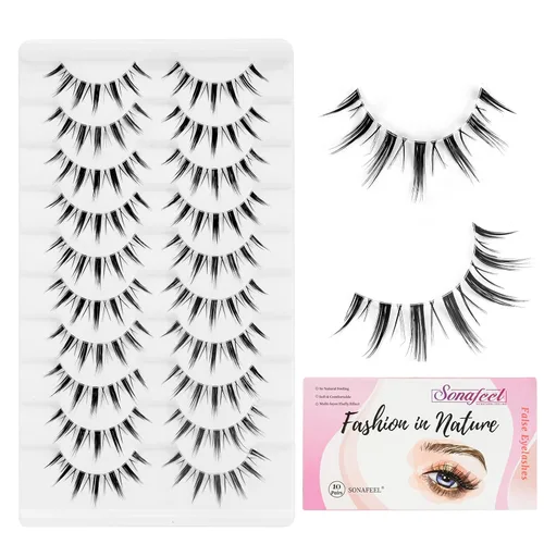 Miniatura 11 de Pestañas naturales de ojo de gato, ligeras, reutilizables, con banda transparente, paquete de 10 pares, pestañas postizas de visón sintético