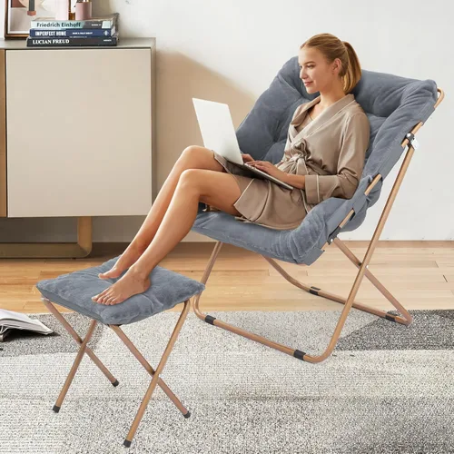 Cómoda silla platillo para adultos, silla plegable de piel sintética suave con reposapiés, marco de metal, acogedora silla perezosa cuadrada de gran