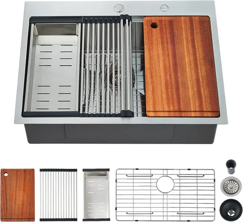 Miniatura 17 de Fregadero de cocina con plato individual con tabla de cortar, 30 x 22 x 10 pulgadas, color negro plomizo, acero inoxidable calibre 16 Negro