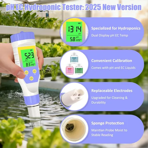 Miniatura 5 de Medidor de pH para hidroponía de agua, probador de sal TDS EC de pH 5 en 1 para solución nutritiva de agua, visualización simultánea de temperatura