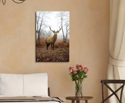 Miniatura 2 de Impresiones en lienzo para pared, hermosos ciervos rojos/ciervos en un paisaje de bosque brumoso en otoño/otoño Decoración moderna de pared/arte