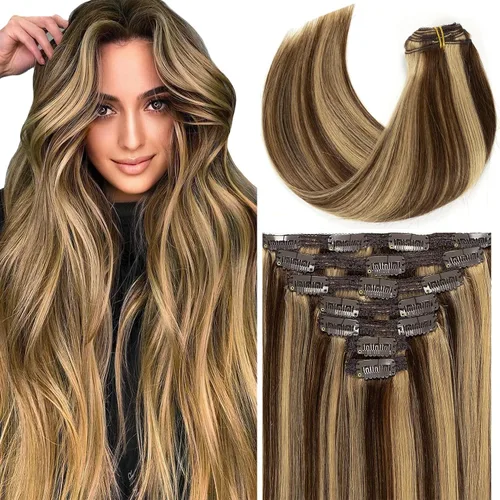 Miniatura 81 de Loxxy Extensiones de cabello humano con clip, sin costuras, 22 pulgadas, color marrón oscuro a castaño oscuro y marrón oscuro, 7 piezas
