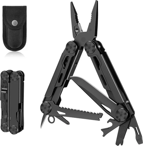 Multiherramienta, multiherramienta plegable de acero inoxidable 14 en 1 con cortador de alambre, cuchillo, sierra, destornilladores,