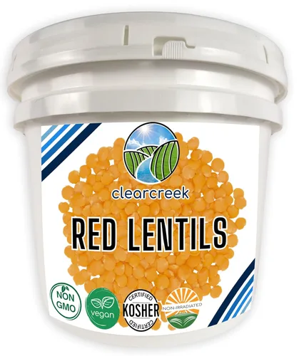 CLEAR CREEK Lentejas Rojas Certificadas Libres de Residuos de Glifosato | Cubo de 25 lbs | Sin GMO | Kosher | Vegano | No Irradiado (Podrá Germinar)