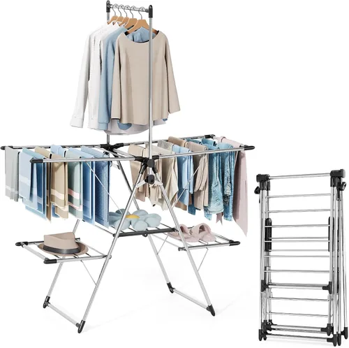 APEXCHASER Large Capacity Foldable Clothes Drying Rack, Heavy Duty Stainless Steel Laundry Drying Rack with Top Hanger, Multi-Layer Indoor Outdoor