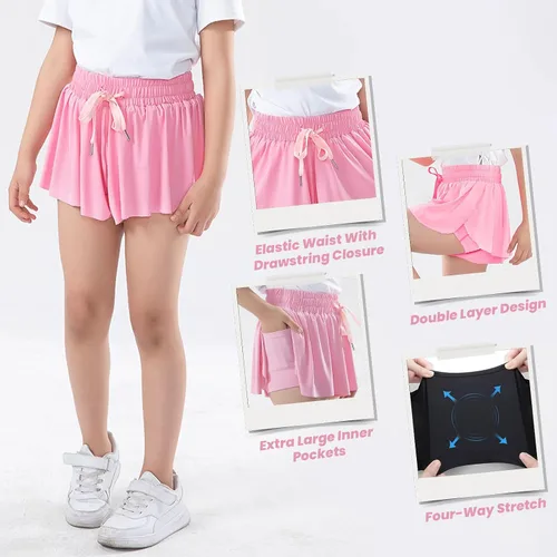 Miniatura 2 de Paquete de 3 pantalones cortos fluidos para niñas con bolsillos, 2 en 1, faldas de mariposa fluidas para jóvenes, pantalones cortos para correr
